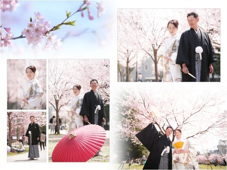 
ページをめくると満開の桜の下での前撮りのページから始まります。2頁目：結婚式アルバム