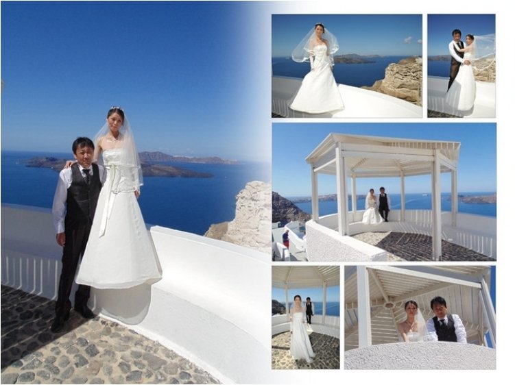 新婚旅行では世界一美しいと言われるサントリーニ島の夕日やヨーロッパ諸国の遺跡などを巡ったお写真も沢山収めました。8頁目：結婚式アルバム