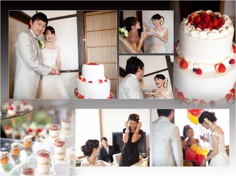 
写真映えするケーキや可愛いデザート達も美味しそうです。6頁目：結婚式アルバム