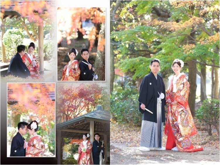 前撮りは紅葉の美しい中、キリッとした黒の紋付袴と色鮮やかな赤の色打掛でのロケーションフォトから始まります。2頁目：結婚式アルバム