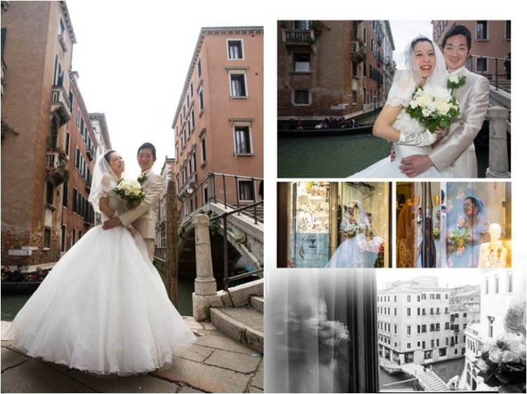 ベネチアでの挙式とロケーションフォトを収めたこちらのアルバムは、ふんわりとしたウェディングドレスと白のタキシードを身にまとって、水路の前での笑顔が弾けるお二人のお写真から始まります。2頁目：結婚式アルバム