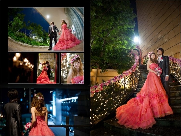またカラードレスでは可愛らしいピンクの花で彩られた階段と、大きなウェディングベルが特徴の中庭での撮影です。4頁目：結婚式アルバム