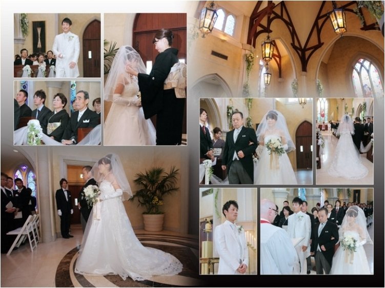 
参列者の皆さんの前で誓いを立て、ステンドグラスを背景に見つめ合うお二人のお写真が印象的です。4頁目：結婚式アルバム