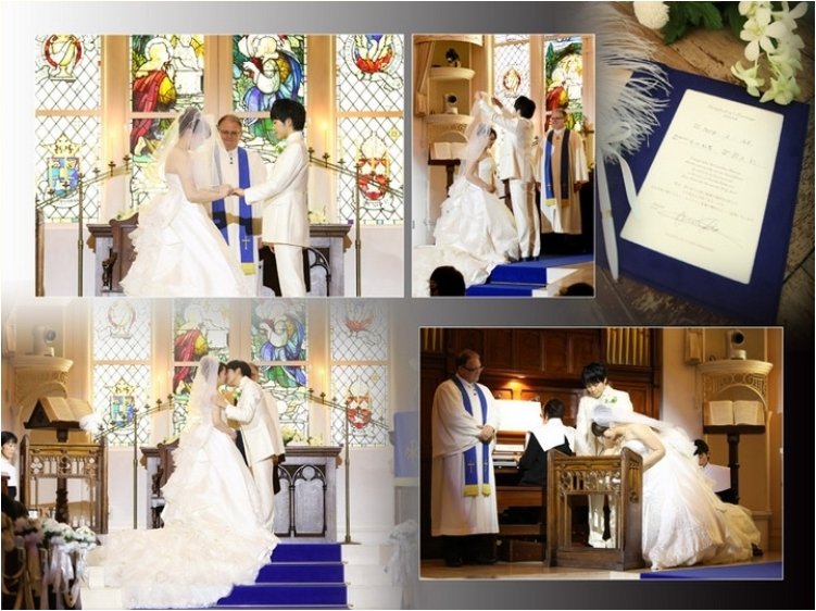 
ロイヤルブルーのバージンロードと純白のウェディングドレスのコントラストも素敵です。4頁目：結婚式アルバム