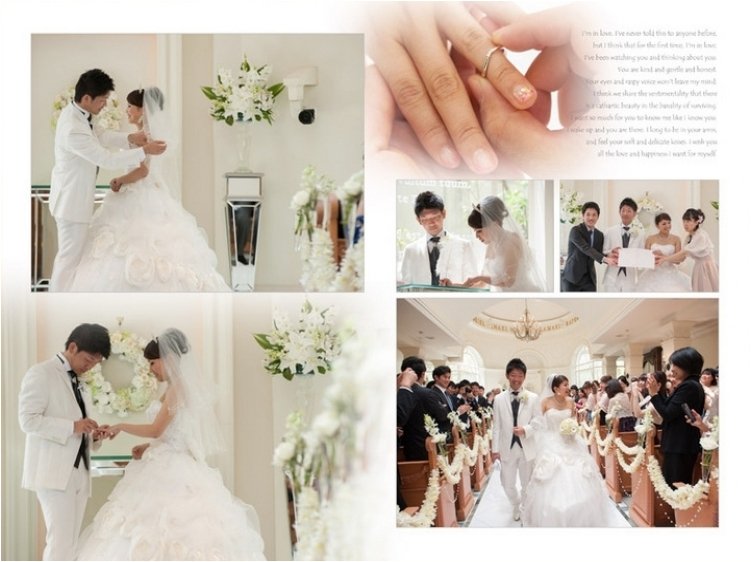 アルバム前半には和装の前撮り、後半には新婚旅行の写真を収めました。8頁目：結婚式アルバム