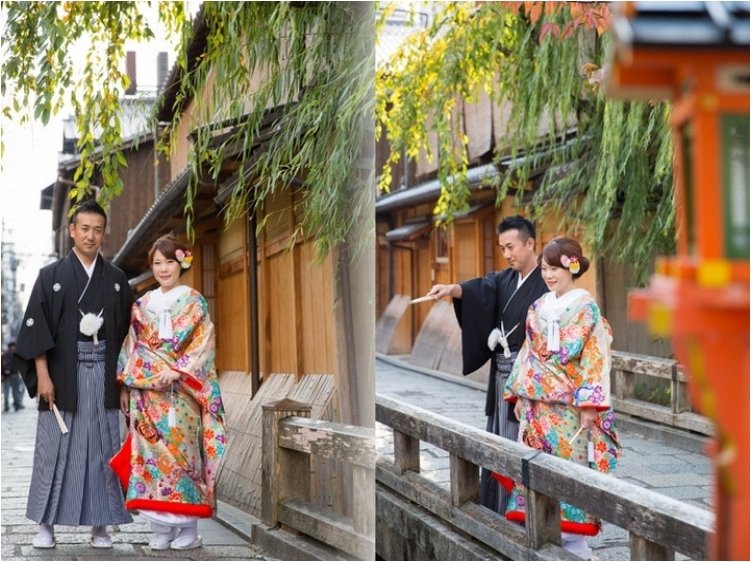 格子づくりのお茶屋の前でのショットなど、情趣ある祇園の街中を散策しているお二人の表情は、柔らかくどこか楽しげです。4頁目：結婚式アルバム