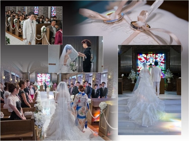 
挙式はステンドグラスが美しい荘厳な教会で。2頁目：結婚式アルバム