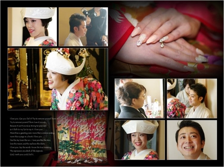 
庭園で撮影を終えると館内で石川県伝統の花嫁のれんをくぐるシーンもあります。3頁目：結婚式アルバム