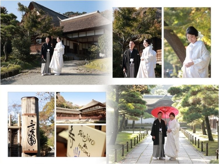 
歴史ある建物の前でのお二人の和装の写真がとても素敵です。2頁目：結婚式アルバム