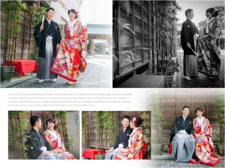 
さて、撮影地は歴史的な建物が並び小江戸とも呼ばれる川越市の街なか。3頁目：結婚式アルバム