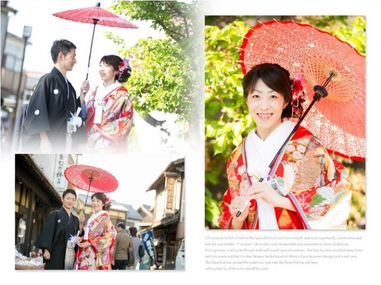 
赤い色打掛と紋付き袴が街並みによく馴染んでいます。4頁目：結婚式アルバム