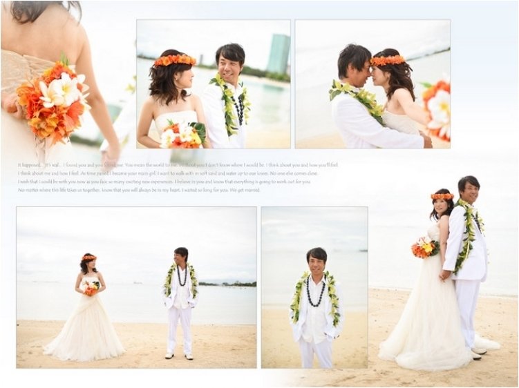 新郎のレイもハワイではマストアイテムです。3頁目：結婚式アルバム