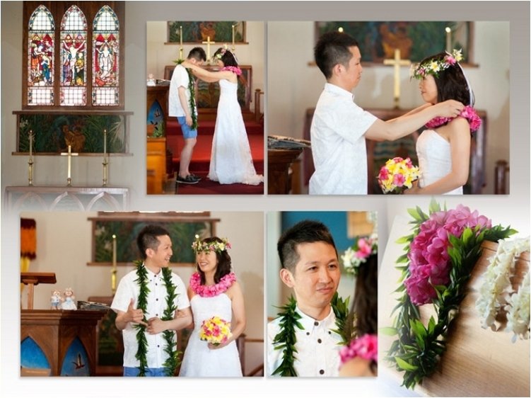 
新郎はハワイの正装の白のアロハシャツにハーフパンツ、新婦は純白のウェデングドレスで、ウクレレの音が響く教会で挙式されました。4頁目：結婚式アルバム