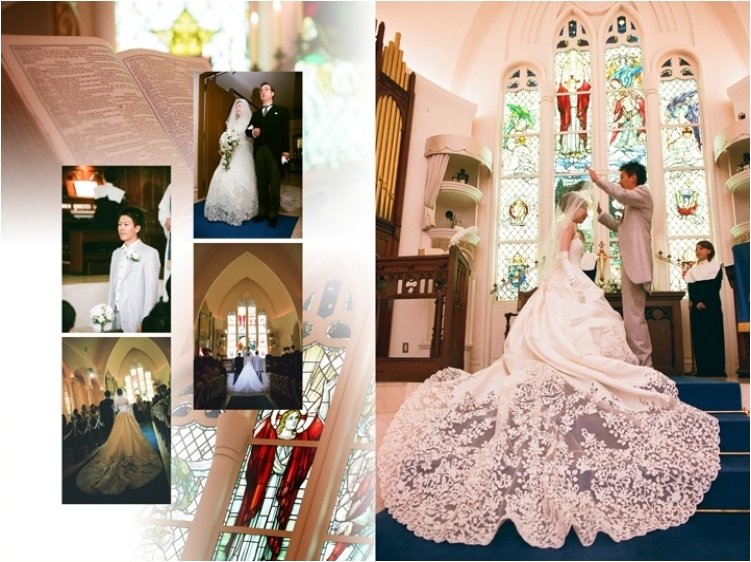 ロイヤルブルーのバージンロードに真っ白なウエディングドレスが映え、永遠の愛を誓われました。4頁目：結婚式アルバム