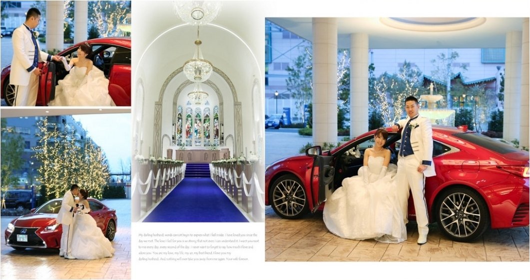 
ロイヤルブルーのバージンロードに純白のタキシードとドレスが映えます。3頁目：結婚式アルバム