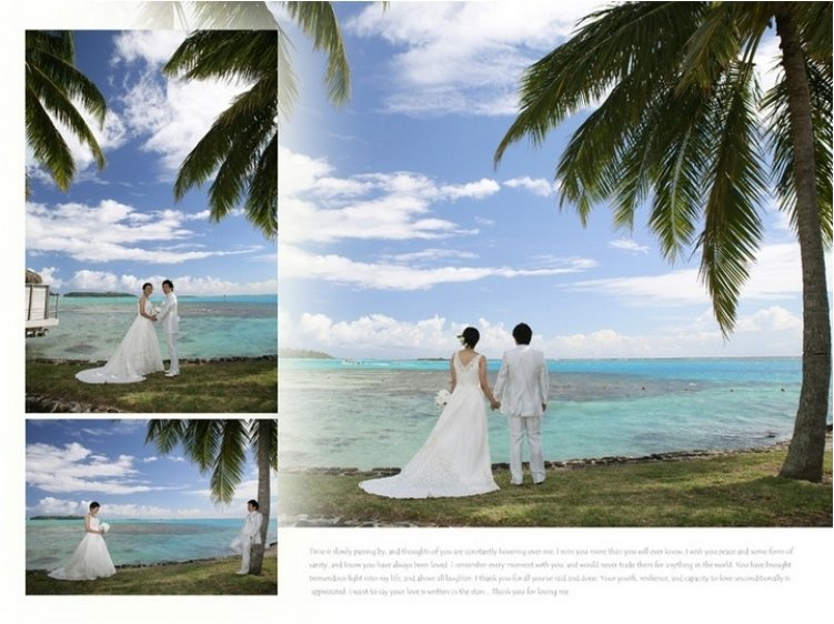 
特に水上バンガローが並んだ海辺を背景としたお写真はドーンと見開きで配置しています。4頁目：結婚式アルバム