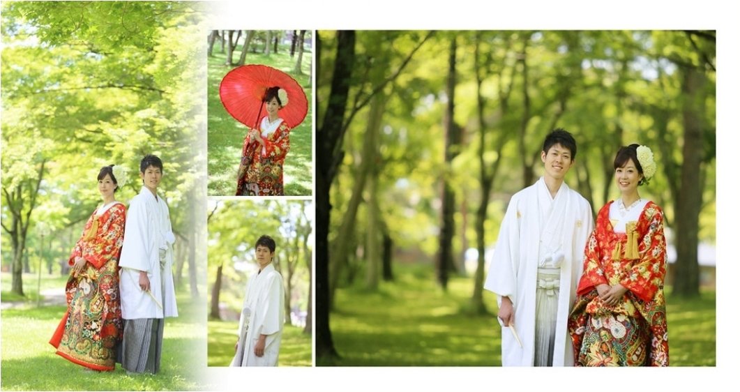 高原の柔らかい緑に囲まれた前撮りも軽井沢ならではのロケーションで印象的なものになっています。2頁目：結婚式アルバム