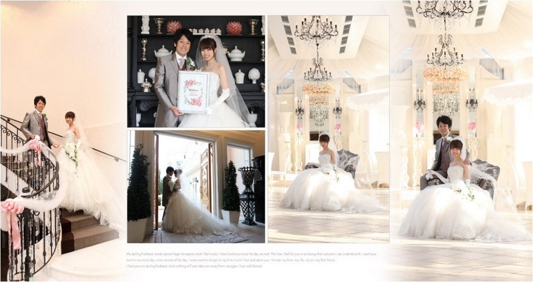 
前撮りのお写真は洋装を挙式前のページに、和装を最後に配置したことで、ウェディングドレスで始まる挙式のページとの流れもよく、見やすい配置になっています。2頁目：結婚式アルバム