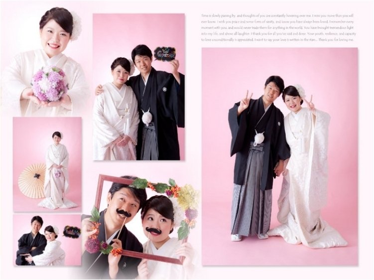 また、お一人ずつの写真を使ったページでは、背景色を白黒で分けて新郎の凛々しさと新婦の愛らしさがより感じられるような構成になっています。4頁目：結婚式アルバム