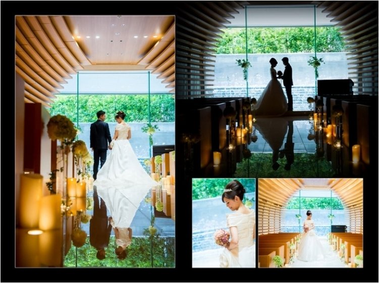 
四方をガラス窓で覆われ透明感溢れるチャペル。4頁目：結婚式アルバム