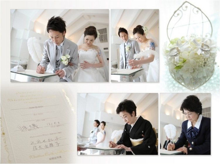
結婚式は白を基調とした明るいチャペルで光に包まれながら進みます。6頁目：結婚式アルバム
