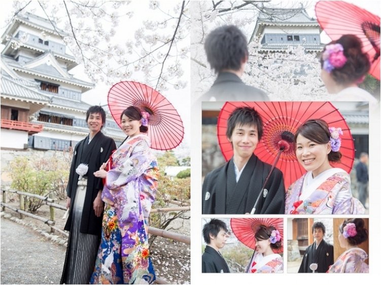 
和装での前撮りは満開の桜とお城をバックにして。2頁目：結婚式アルバム