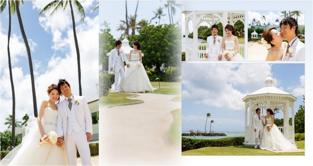 
挙式は、ハワイで人気の高い、総石造りの教会「セント・アンドリュース大聖堂」です。3頁目：結婚式アルバム