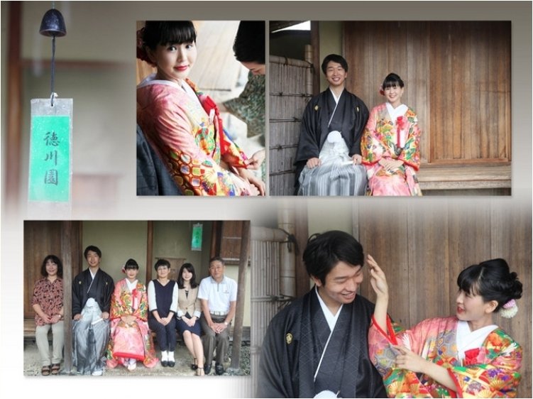 
和装の撮影は名古屋市にある登録有形文化財、徳川園にて。3頁目：結婚式アルバム
