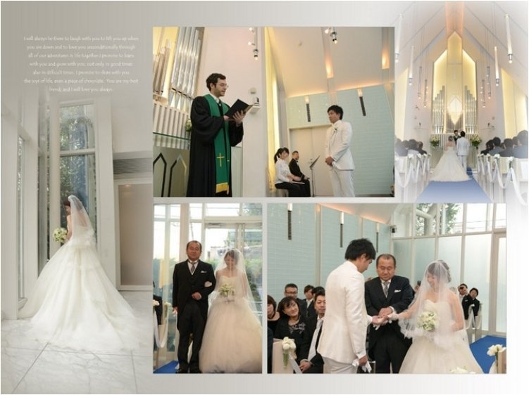 和装の前撮りの写真を3枚取り入れ、表紙のドレス姿とあいまって対象的な美しさを引き立たせています。5頁目：結婚式アルバム