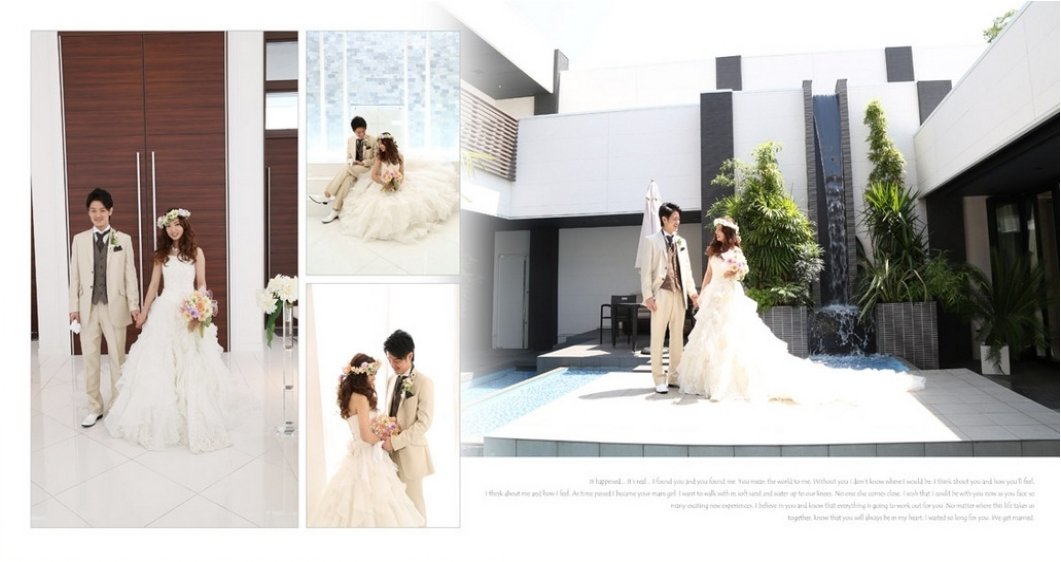 
前撮り、挙式、披露宴に加えてシャッフルページには新婚旅行のお写真も入っています。2頁目：結婚式アルバム