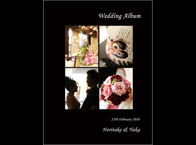 黒の表紙に4つのお写真をタイル状に並べたこちらのアルバムは、群馬県高崎市にありますウェディングレストラン・ジュレでのパーティーのアルバムです。1頁目：結婚式アルバム
