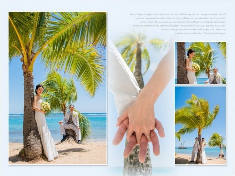 
鮮やかな青色の空と海に囲まれてのビーチ撮影は、フォトプロップスを使ってのおちゃめな一面も！
街中へ移動してのお写真ではショッピングを楽しんでいるような、自然体で柔らかい表情のお二人も見られます。3頁目：結婚式アルバム