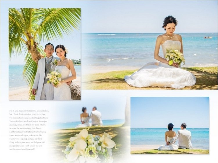 
最後のシャッフルページは自分撮りの新婚旅行のスナップをまとめました。4頁目：結婚式アルバム