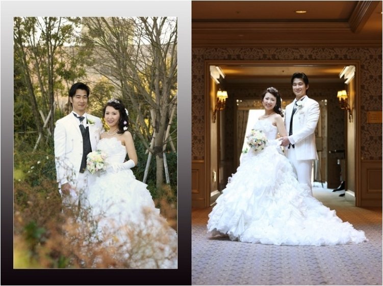
洋装はホテル椿山荘の屋内とお庭で撮影されました。2頁目：結婚式アルバム