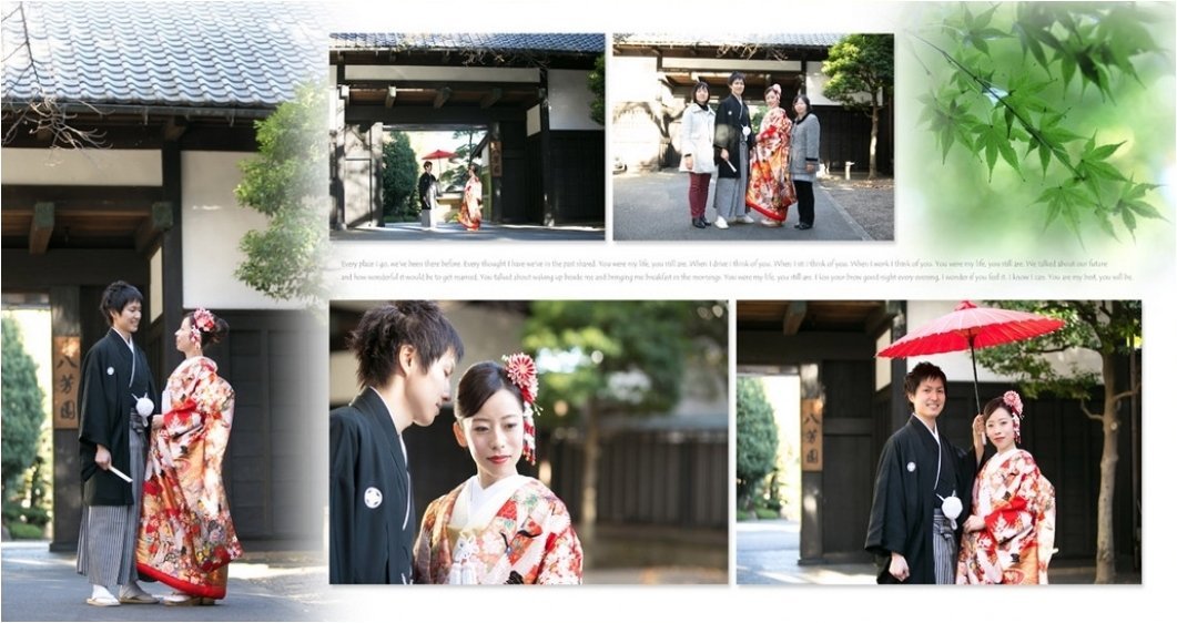 
黒い紋付袴と赤い色打掛姿が目に鮮やかなお二人、日本庭園の緑の中でとても映えていますね。3頁目：結婚式アルバム