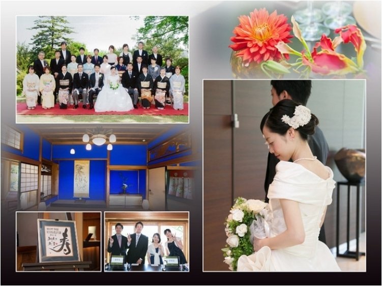 お色直しでは白の紋付き袴、金刺繍の艶やかな色打掛にお召し替えされ、石川県伝統の花嫁のれんをくぐって再入場されます。6頁目：結婚式アルバム