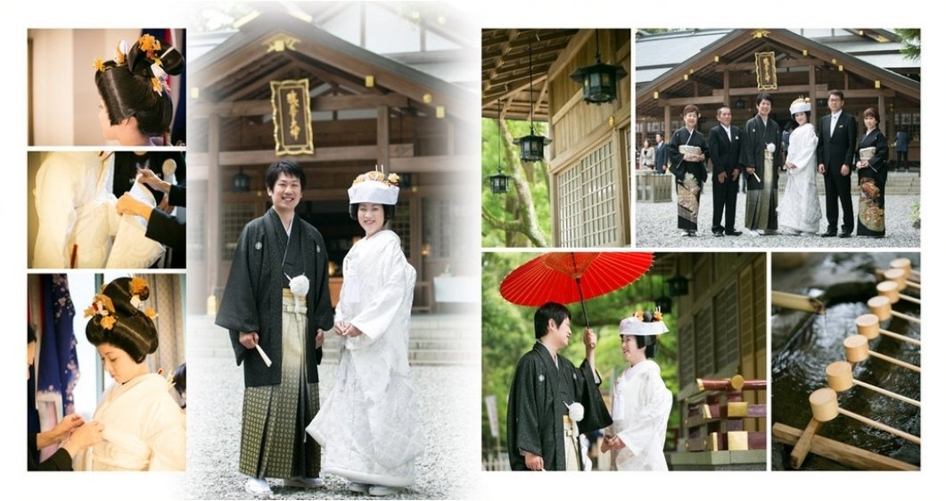 
式場は三重県伊勢市の猿田彦神社。2頁目：結婚式アルバム
