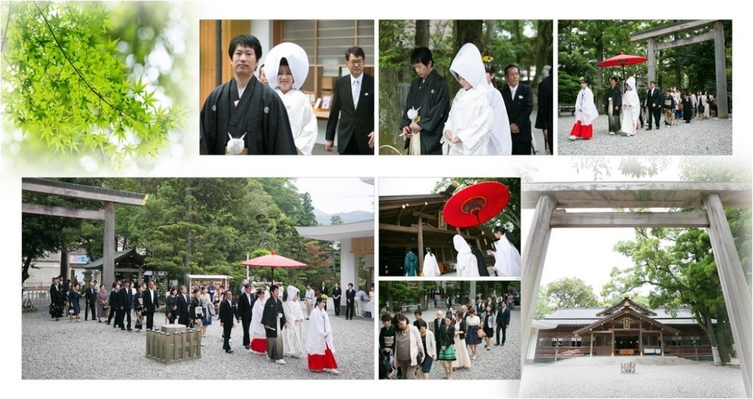 
はじめ、新郎新婦は紋付き袴と白無垢姿ですが、挙式前に神社前でまずは角隠しで撮影の後、挙式は綿帽子に付け替えています。3頁目：結婚式アルバム