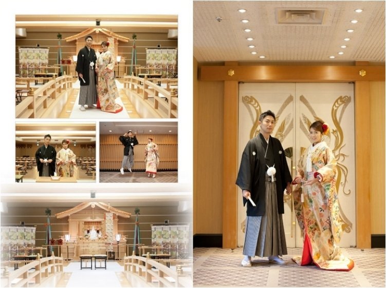 鮮やかな神社の装飾と新婦の嬉しそうな表情が映えます。5頁目：結婚式アルバム