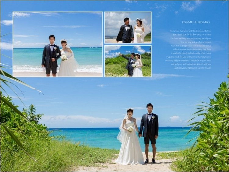 単調になりがちなビーチの写真も小物を使うことによってバリエーションが増え、見ごたえのあるアルバムになりますね。2頁目：結婚式アルバム