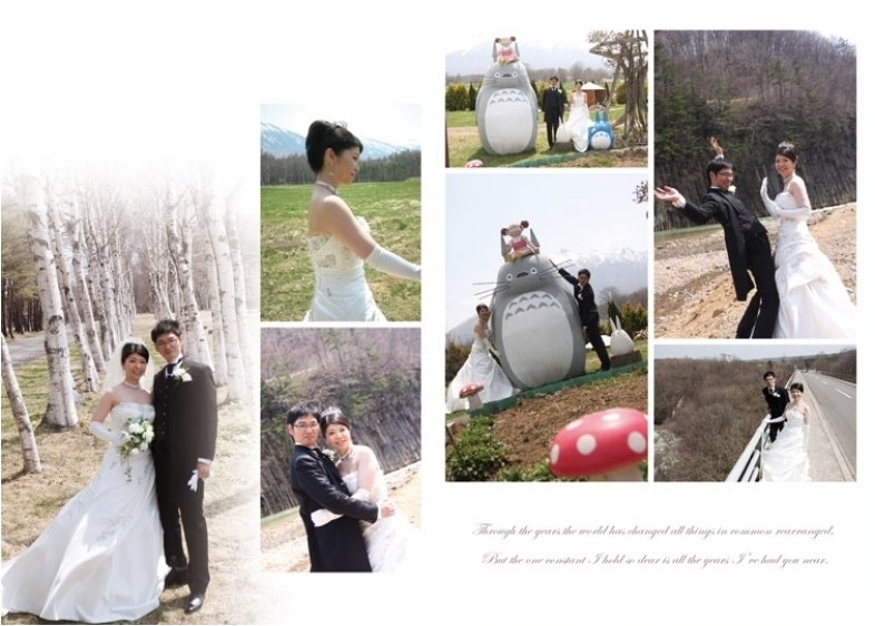 綿帽子からうっすらと透けて見える日本髪のシルエットが、どこか儚げで繊細な花嫁姿を思わせます。4頁目：結婚式アルバム