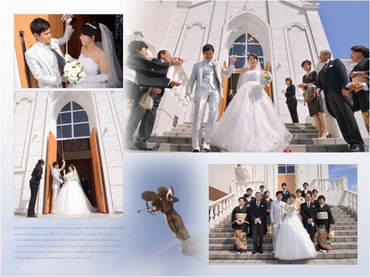 教会前のキューピッドの像もお二人を祝福しているようで素敵ですね。7頁目：結婚式アルバム