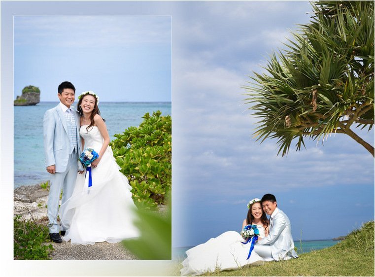 
沖縄のビーチでの前撮りという事で、透き通るようなサファイヤブルーの海と綺麗な空の景観も見てもらいたく、大きめに写真を配置しました。2頁目：結婚式アルバム
