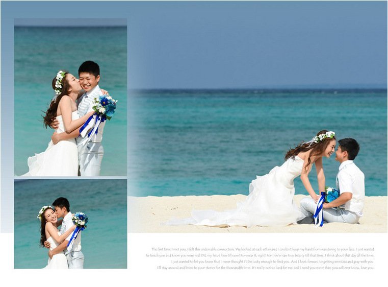 
ドレスのまま海に入られて、サーフボードに乗っておられます。4頁目：結婚式アルバム