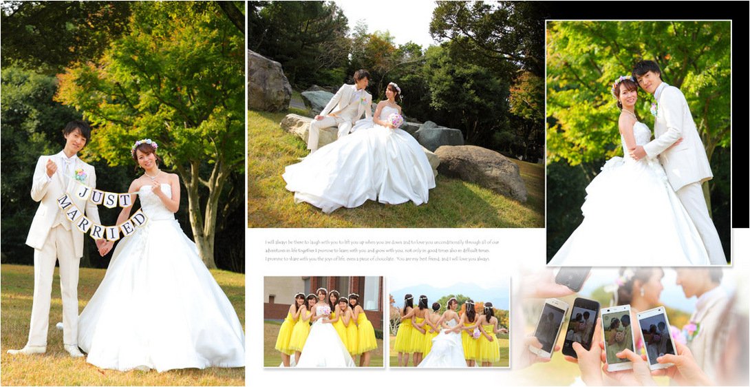 前撮りでは三着の衣装で撮影され、新婦ご友人がブライズメイドに扮して撮影に華を添えてくださいました。2頁目：結婚式アルバム