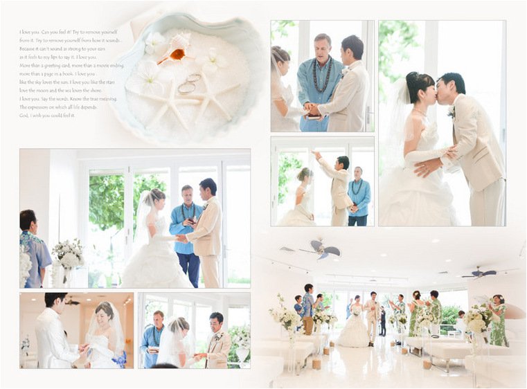 真っ白なチャペルに両家のご親族のアロハシャツとムームーのグリーンとブルーが映え、彩りを添えます。3頁目：結婚式アルバム