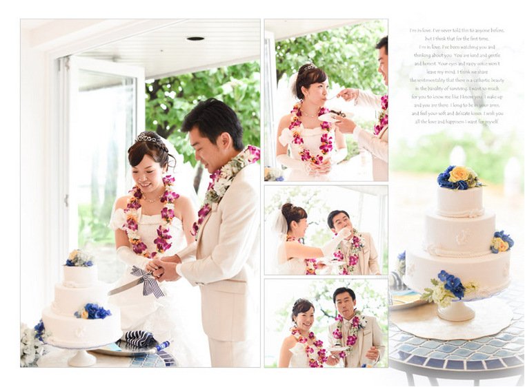 
ケーキカットと乾杯の後はティアラをハクレイに変え、ビーチで撮影。6頁目：結婚式アルバム