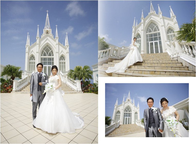 
優美な大階段での下か見上げるように映る白亜の大聖堂。2頁目：結婚式アルバム