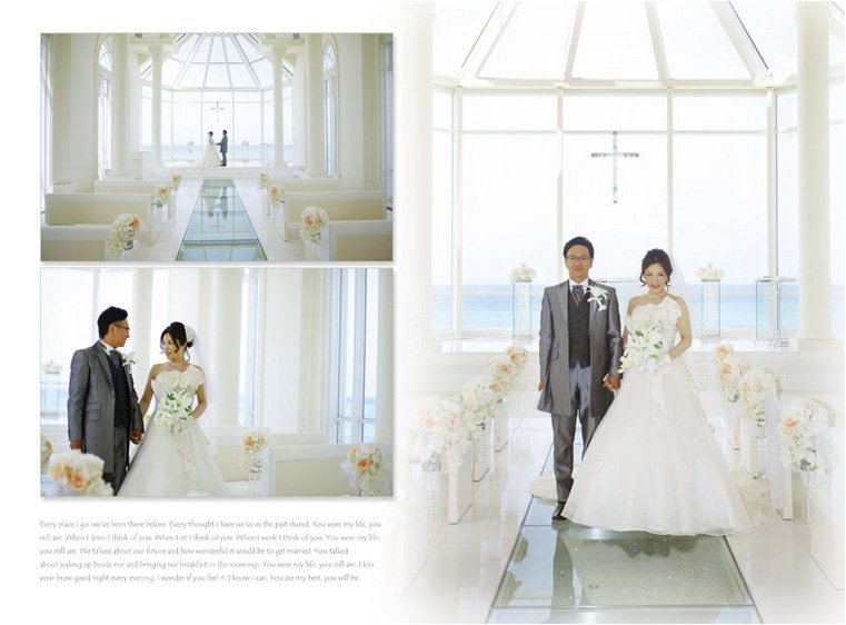 
ガラスの祭壇の向こうには海と空がとけあう水平線が広がるチャペルで挙式が行われました。4頁目：結婚式アルバム