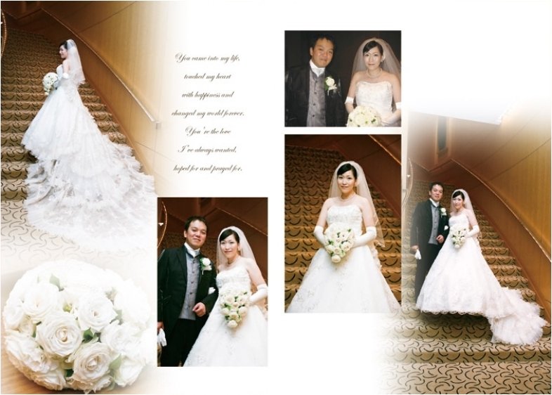 階段ショットに映え花嫁を一層美しく、華やかに演出します。3頁目：結婚式アルバム